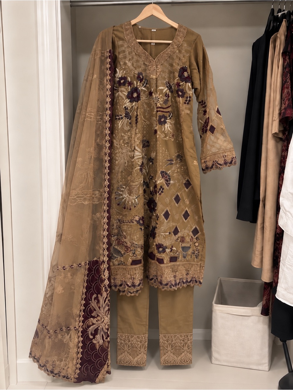 Gold 3 piece pakistani outfit
